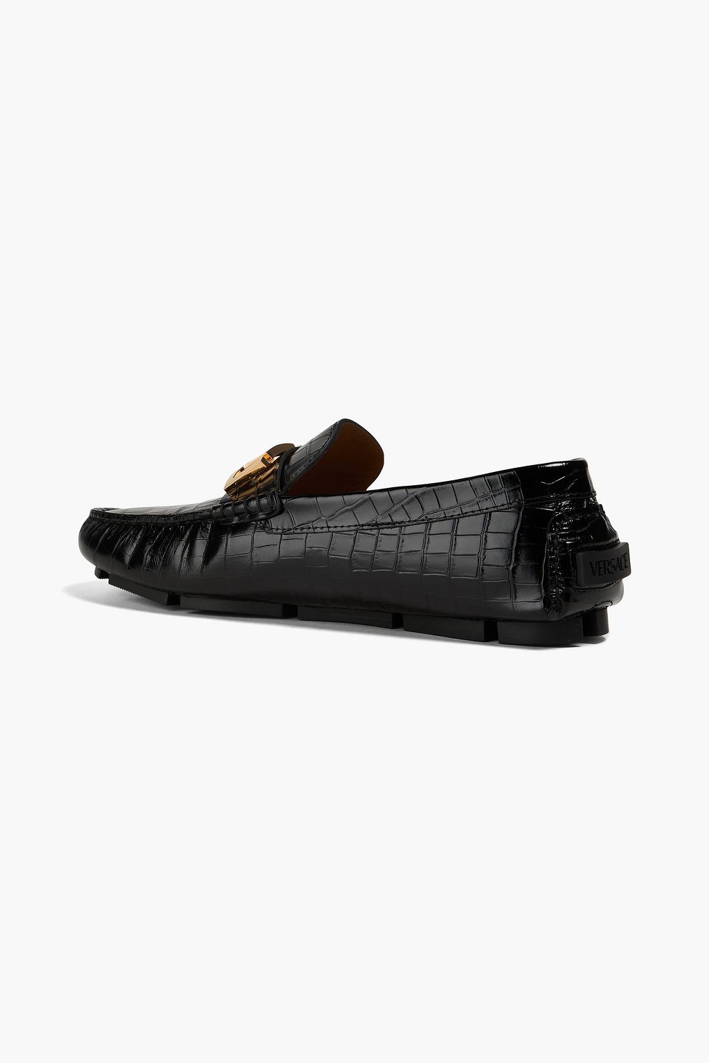 VERSACE Embellished croc-effect leather driving shoes