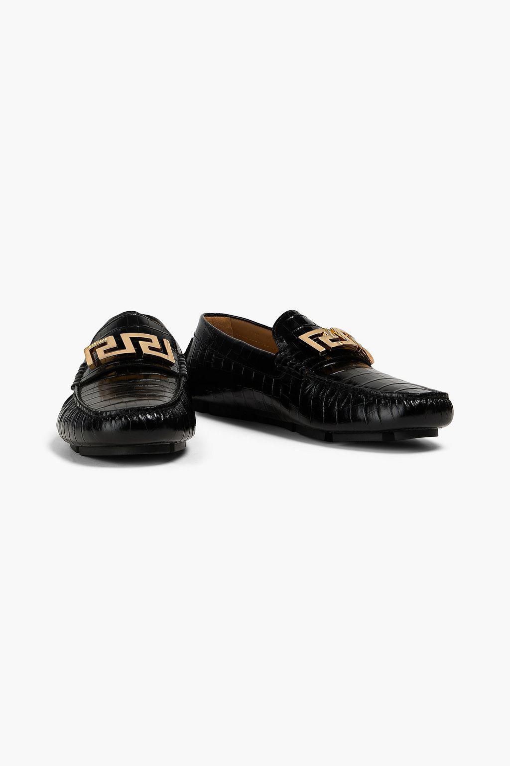 VERSACE Embellished croc-effect leather driving shoes