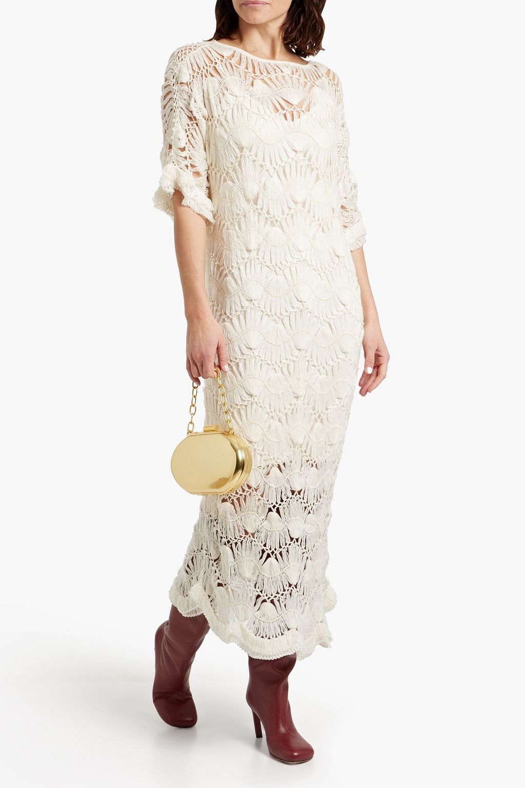 FRAME Bead-embellished crocheted wool-blend midi dress