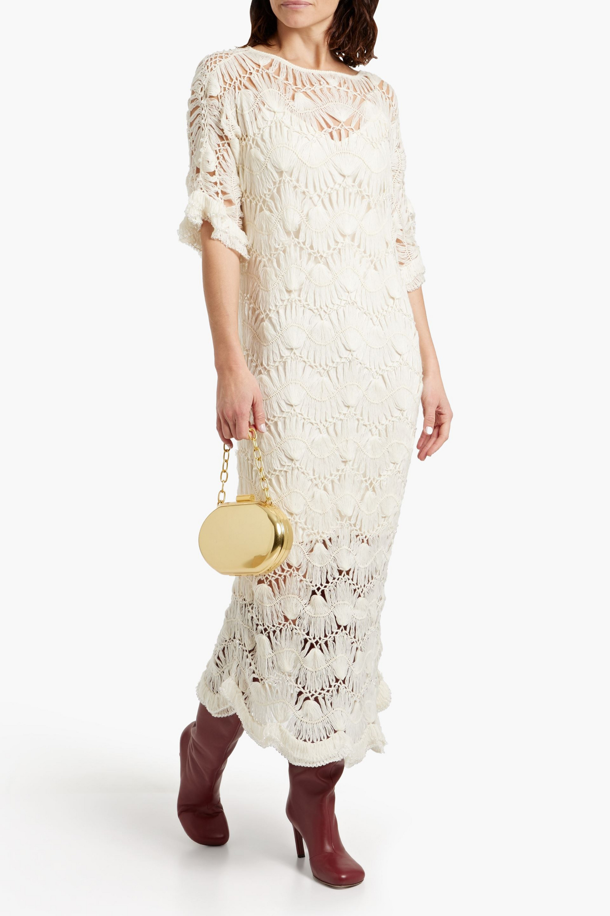 FRAME Bead-embellished crocheted wool-blend midi dress