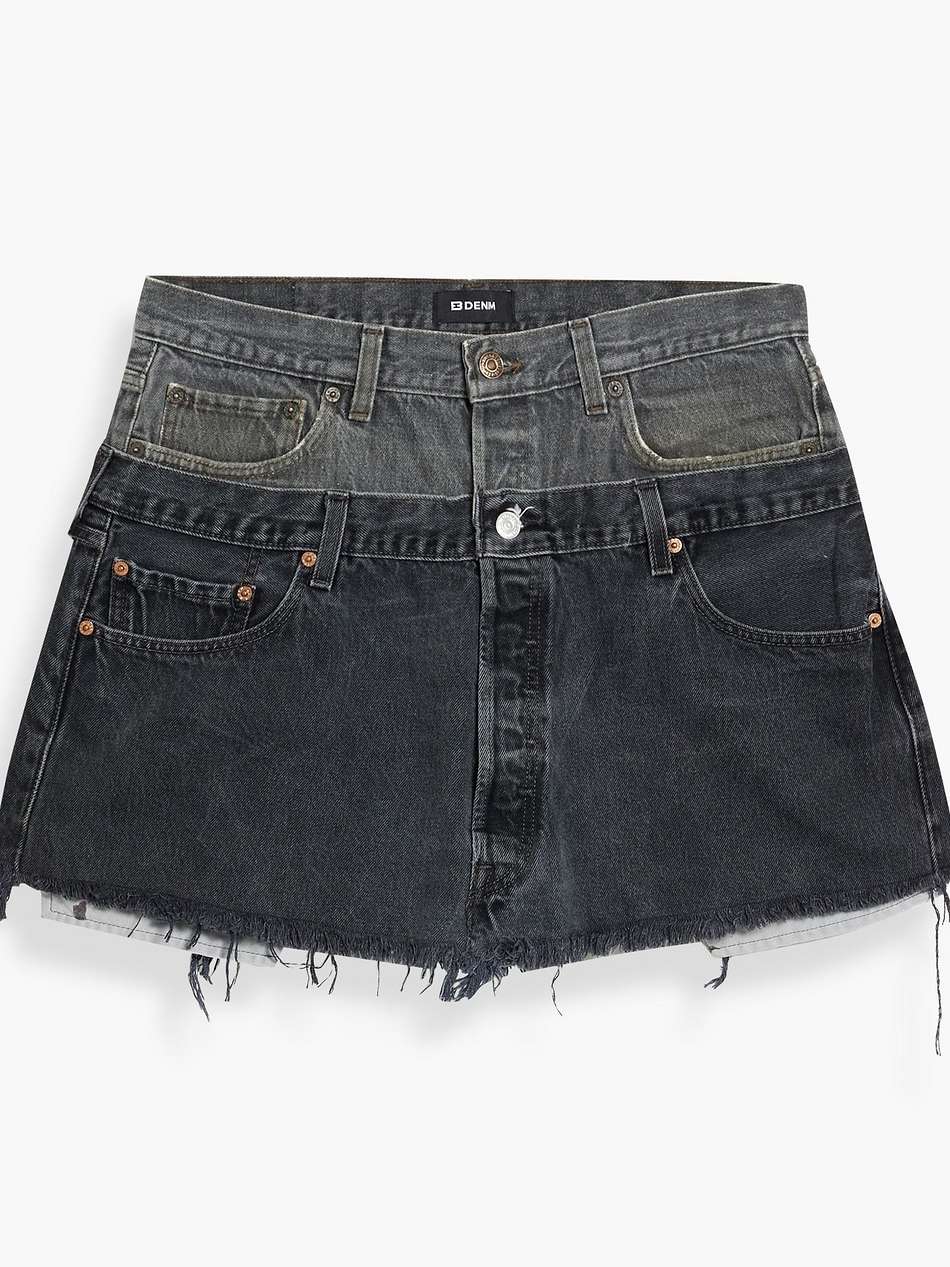 frayed paneled denim mini skirt