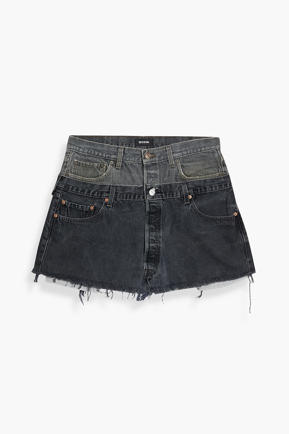 Eb Denim Frayed Paneled Denim Mini Skirt In Black