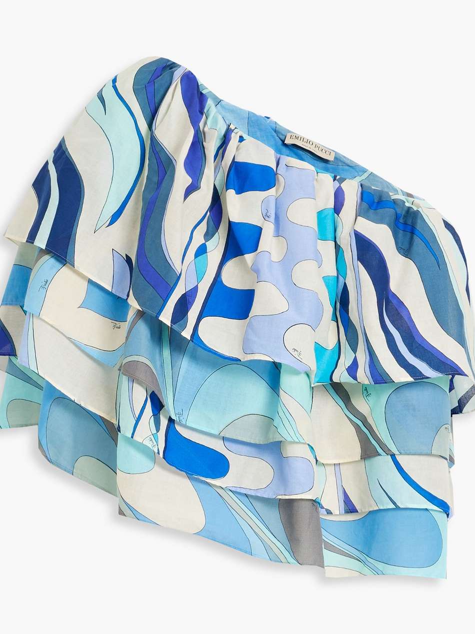one-shoulder ruffled printed cotton-voile top