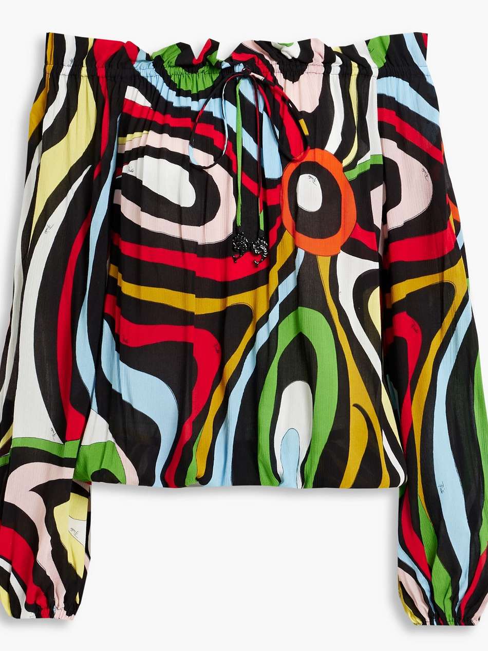 off-the-shoulder ruffled printed georgette top