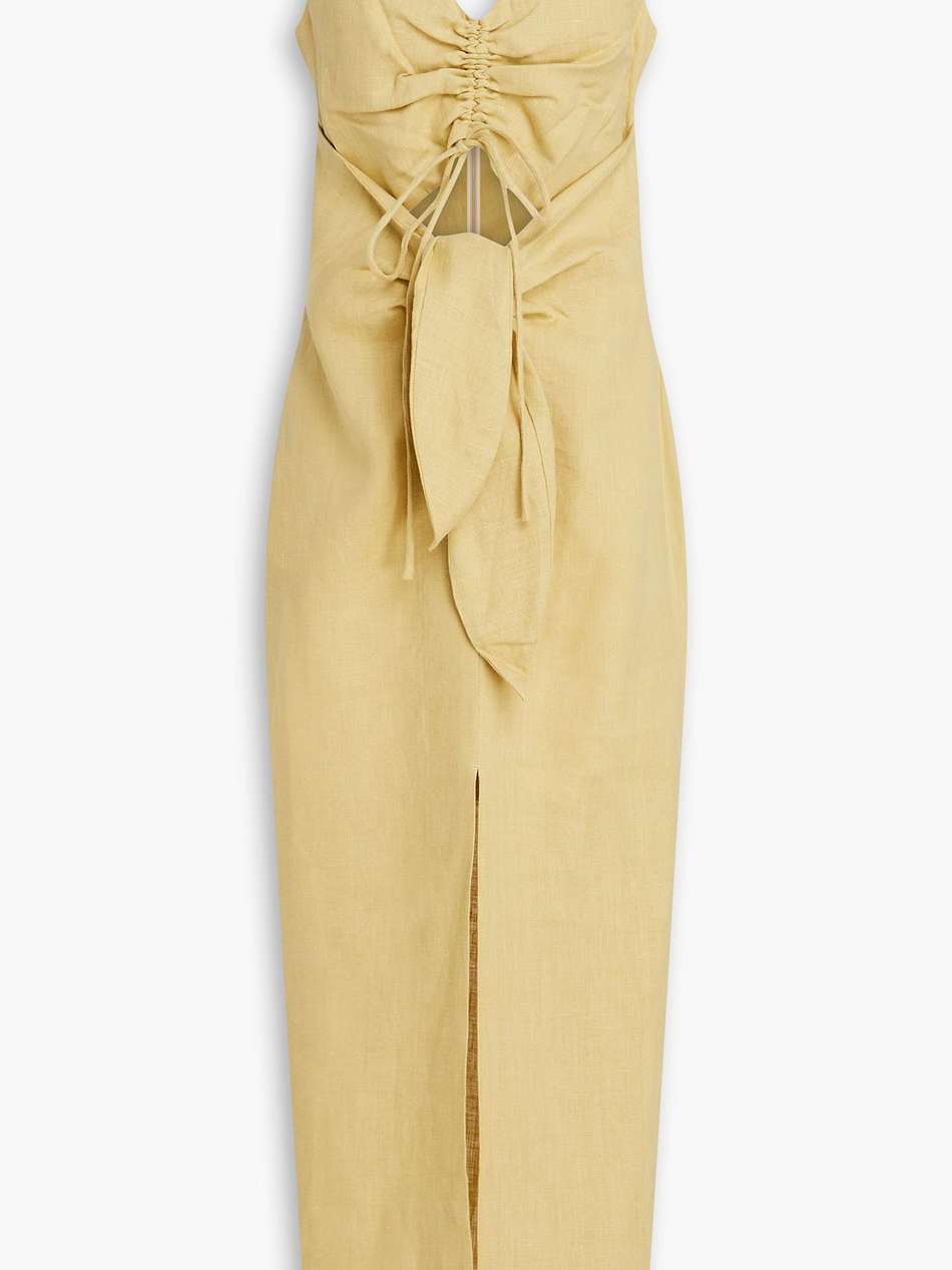 cutout ruched linen midi dress