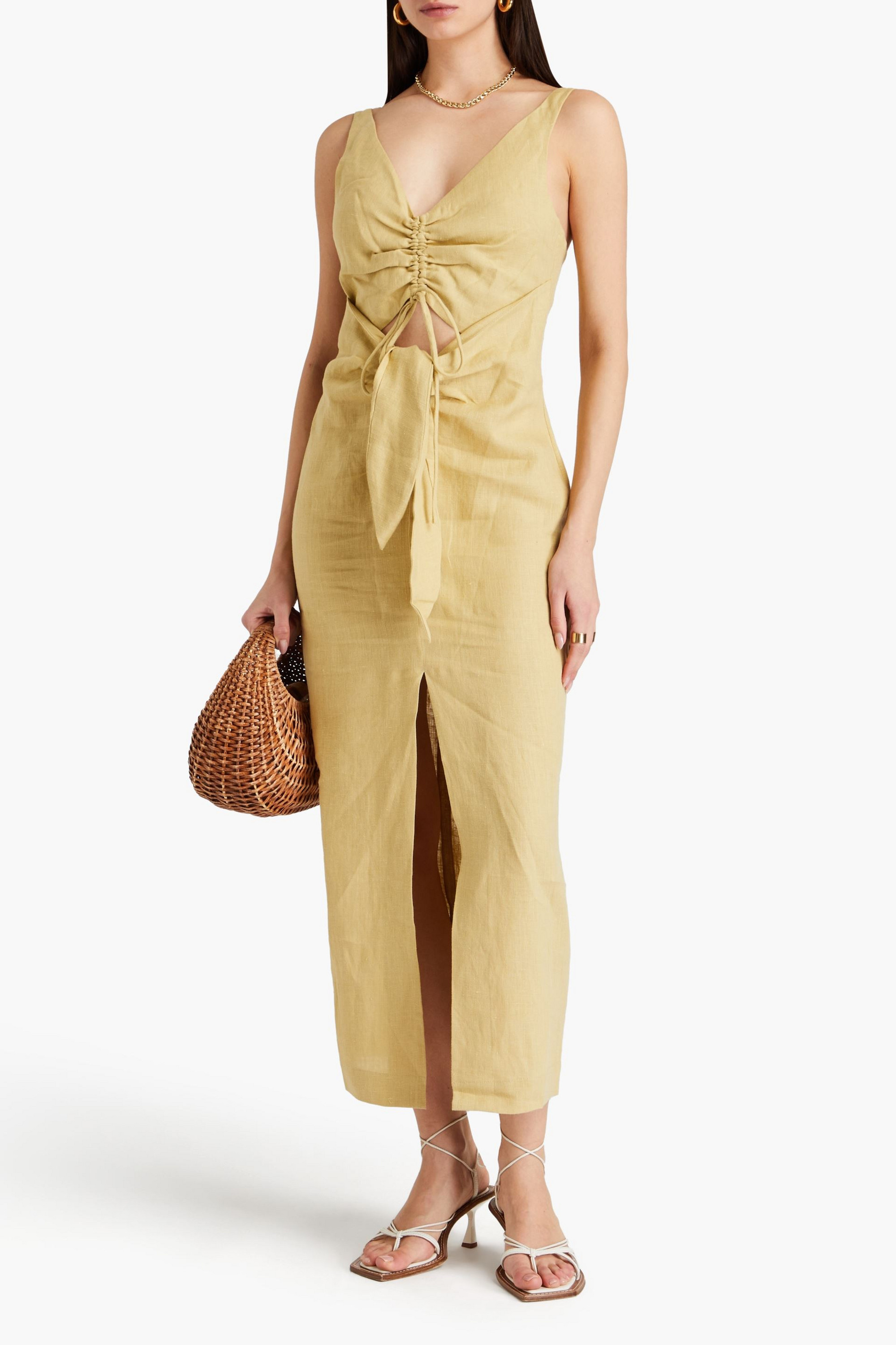 Nanushka Cutout ruched linen midi dress