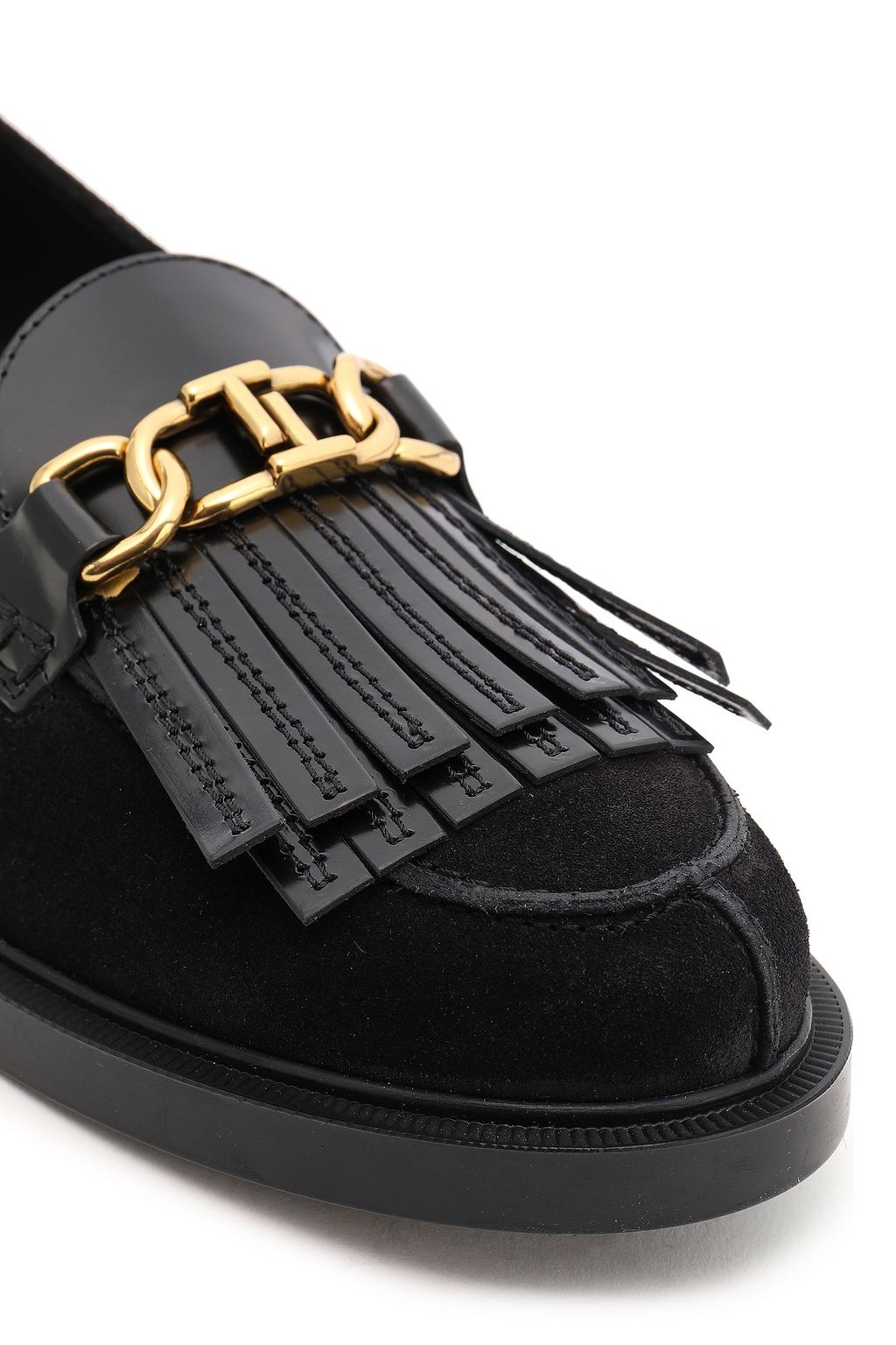TOD'S Leather-paneled chain-trimmed fringed suede loafers