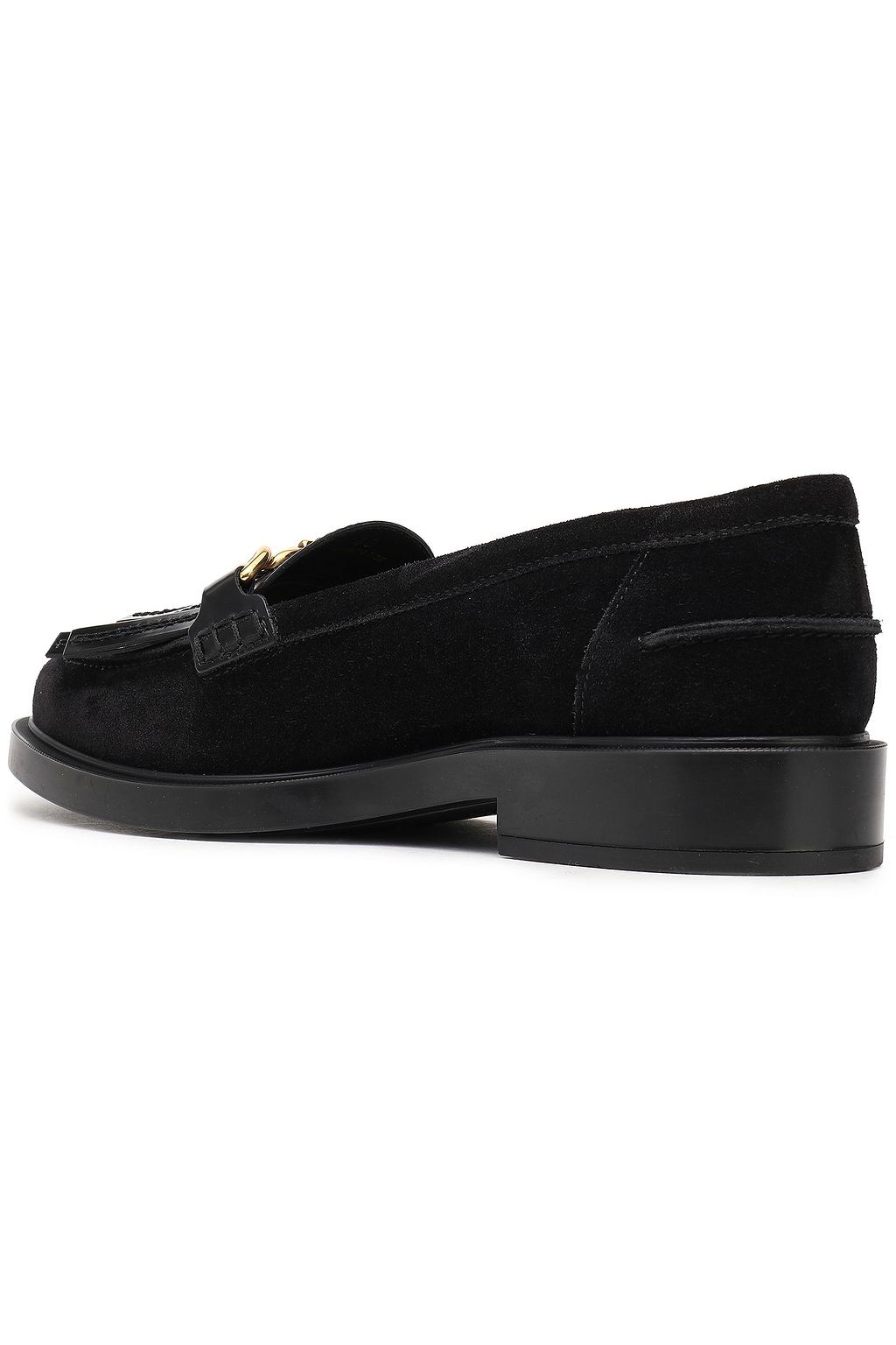 TOD'S Leather-paneled chain-trimmed fringed suede loafers