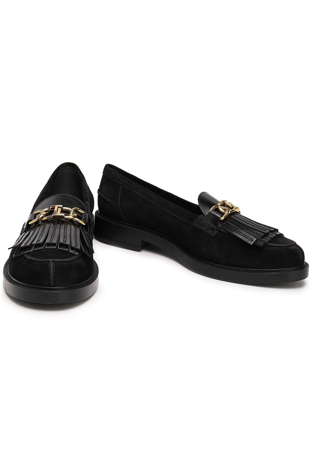 TOD'S Leather-paneled chain-trimmed fringed suede loafers