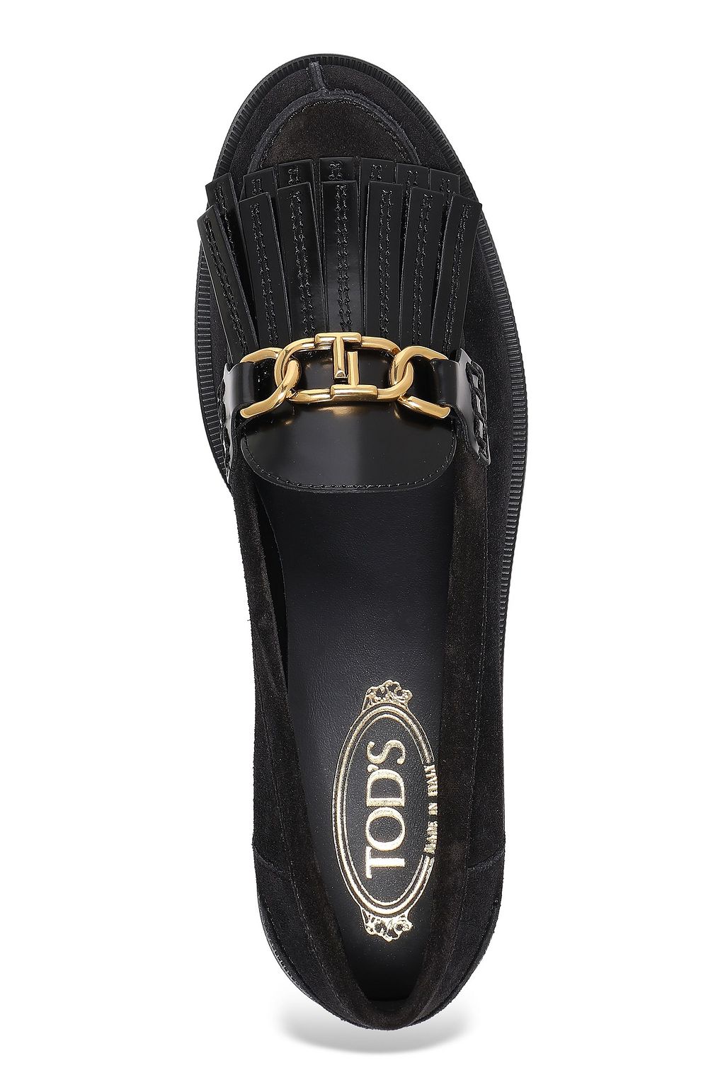 TOD'S Leather-paneled chain-trimmed fringed suede loafers