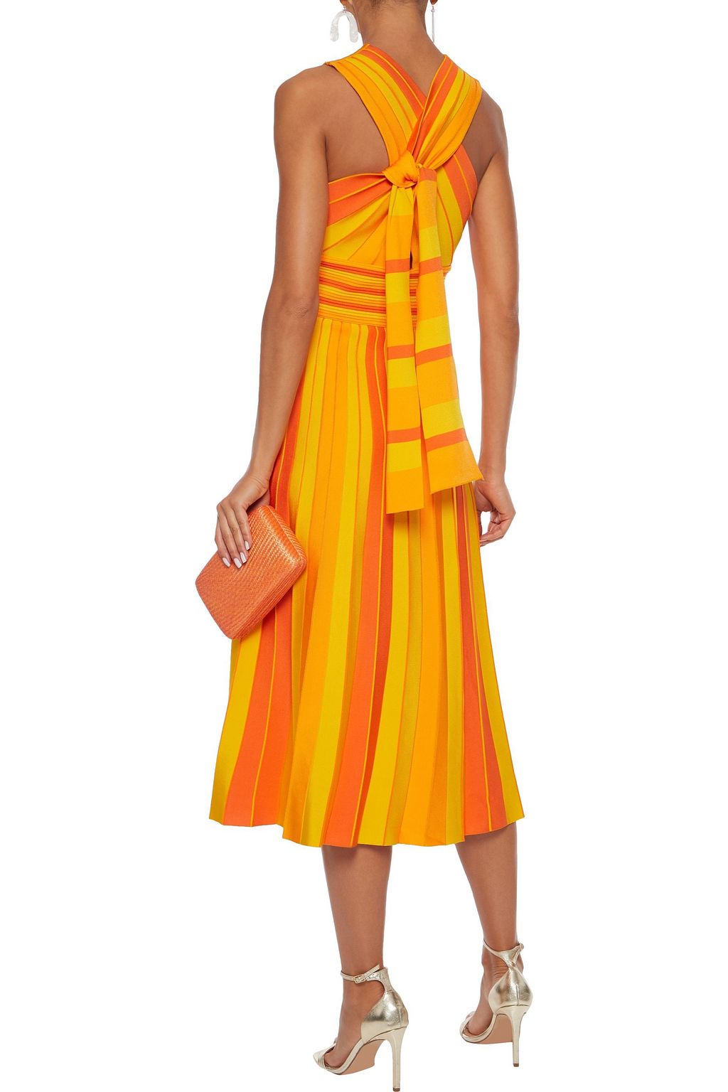 CAROLINA HERRERA Knotted pleated striped stretch-knit midi dress