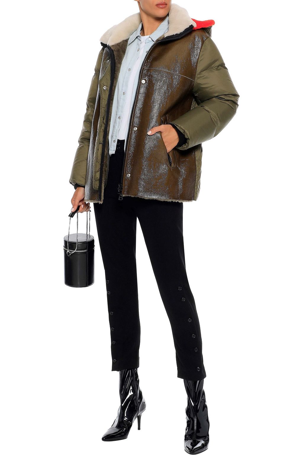 ARMY BY YVES SALOMON Paneled leather and quilted shell hooded down jacket