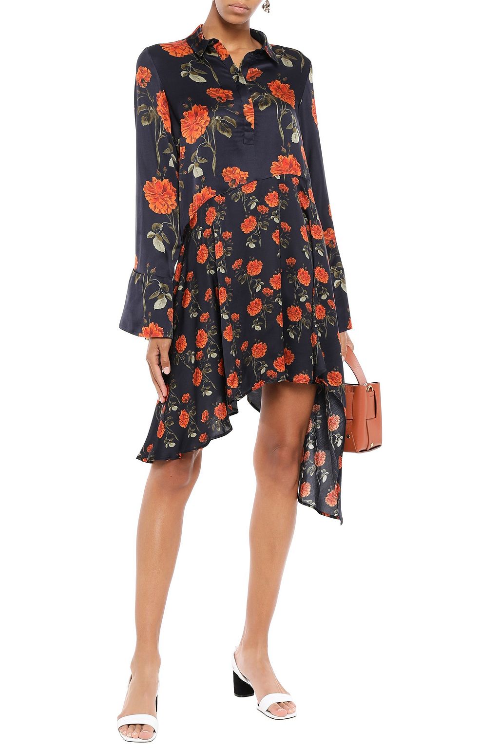 MOTHER OF PEARL April asymmetric floral-print satin mini shirt dress