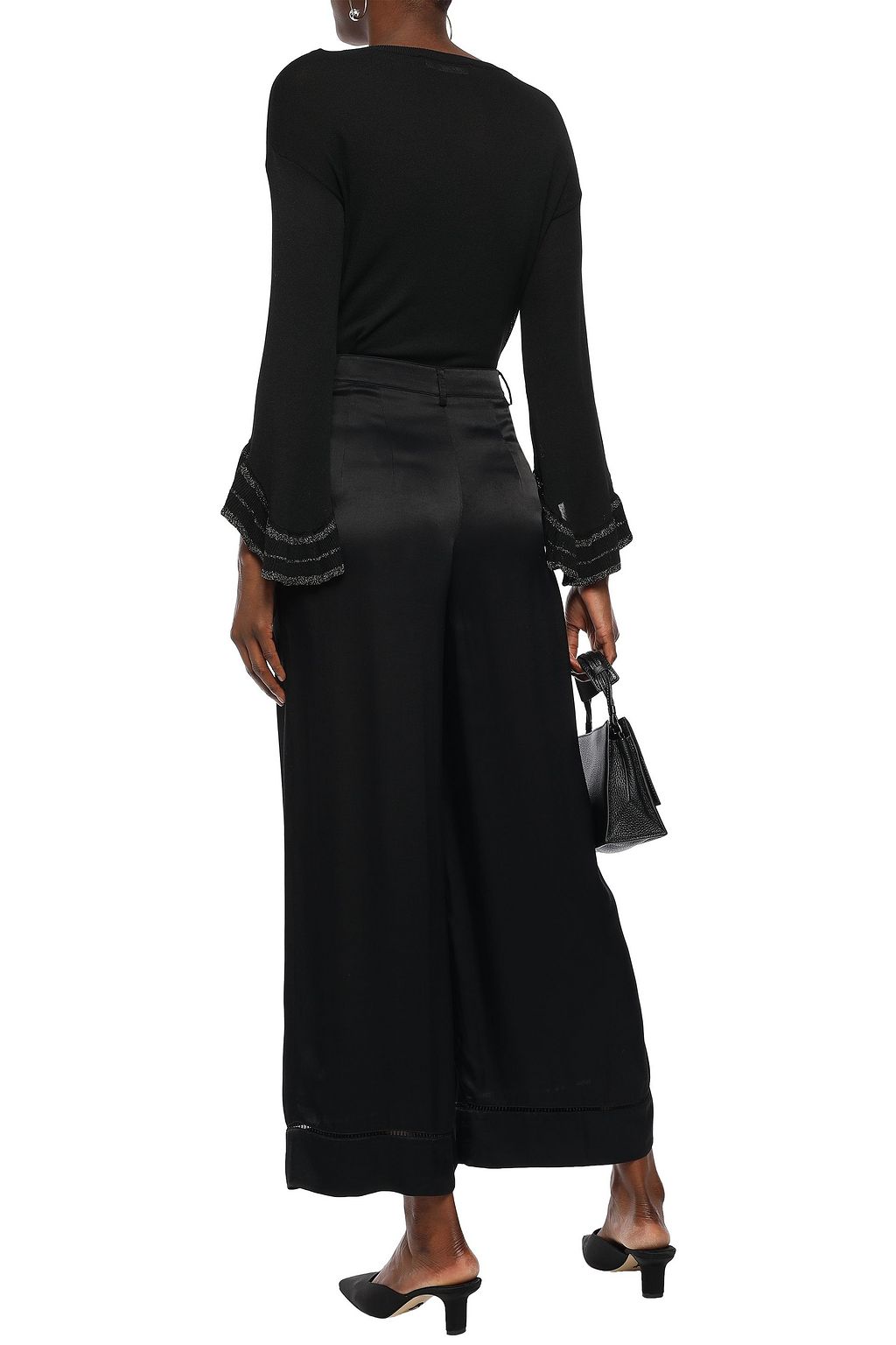 LOVE MOSCHINO Cropped open knit-trimmed satin-crepe wide-leg pants