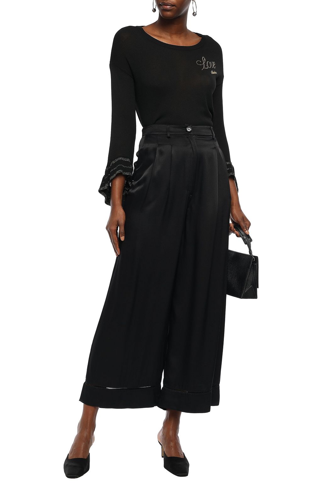 LOVE MOSCHINO Cropped open knit-trimmed satin-crepe wide-leg pants