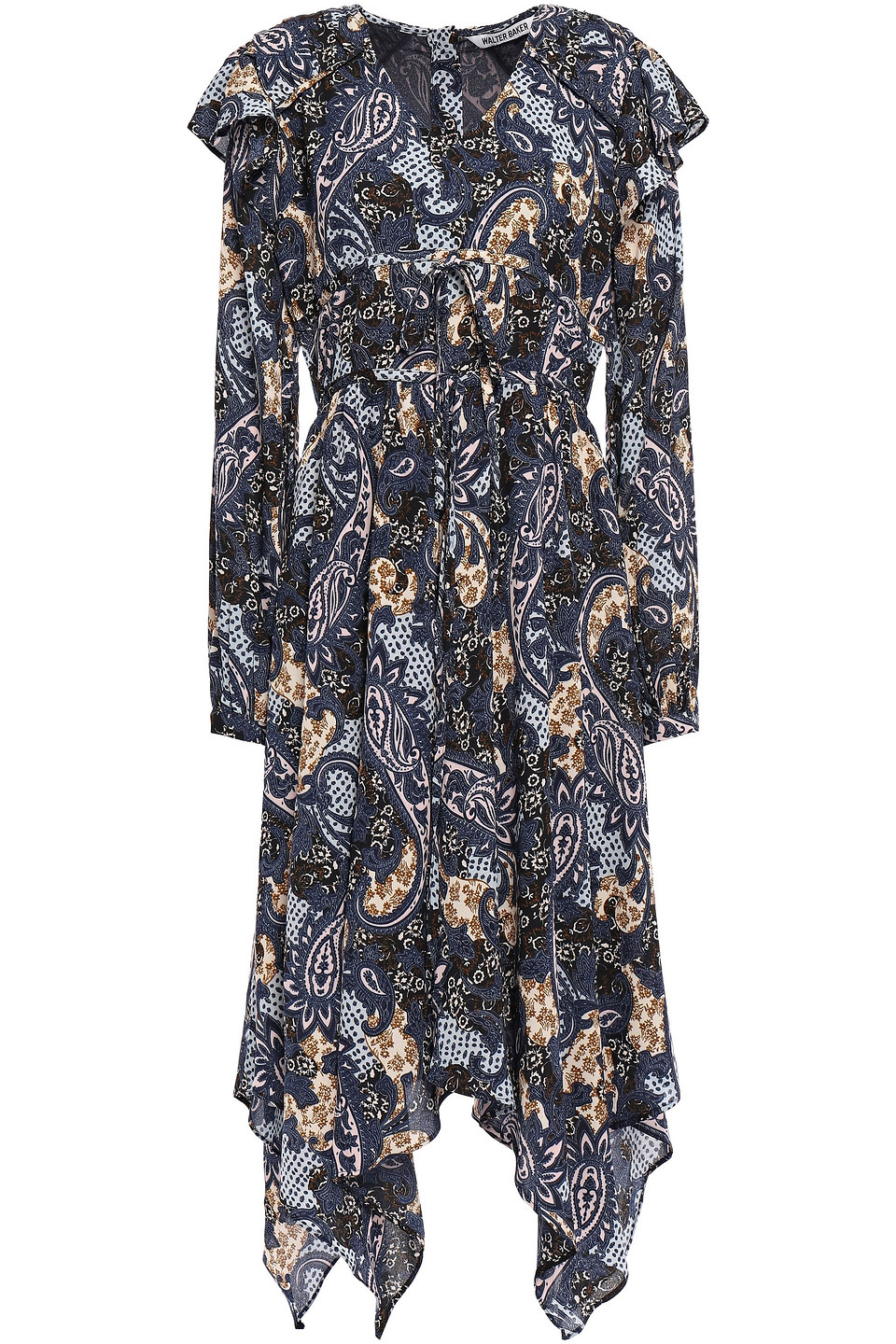 Angelo asymmetric ruffle-trimmed printed crepe dress