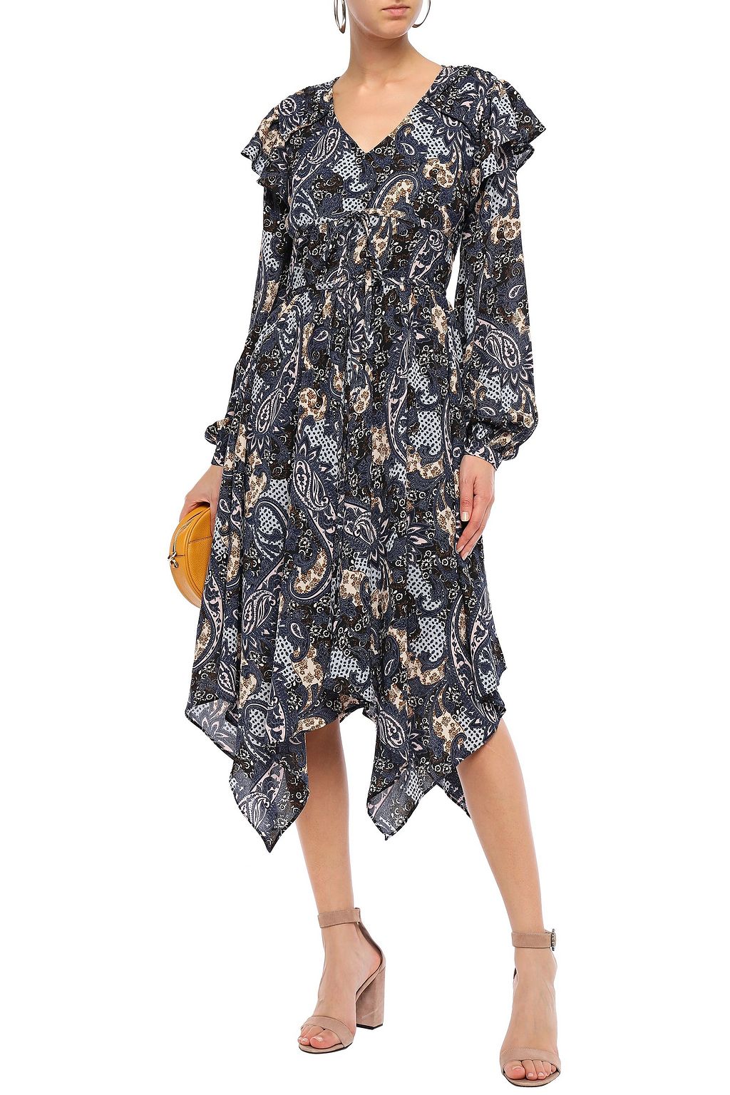 WALTER BAKER Angelo asymmetric ruffle-trimmed printed crepe dress
