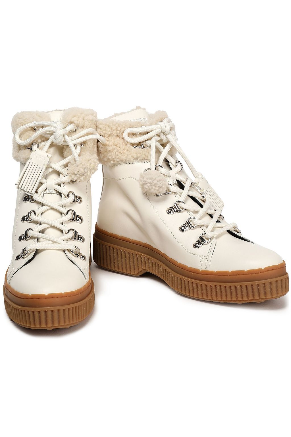 TOD'S Shearling-trimmed leather combat boots