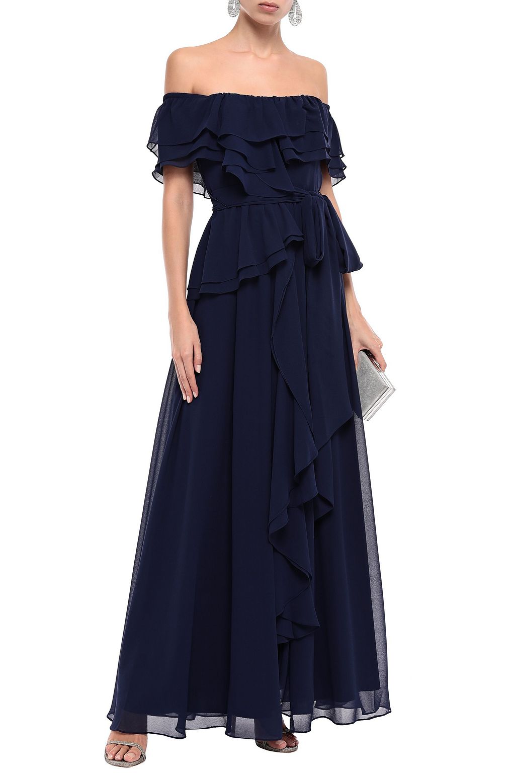 BADGLEY MISCHKA Off-the-shoulder ruffled georgette gown