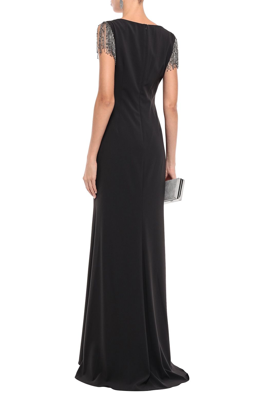 BADGLEY MISCHKA Beaded fringe-trimmed cady gown