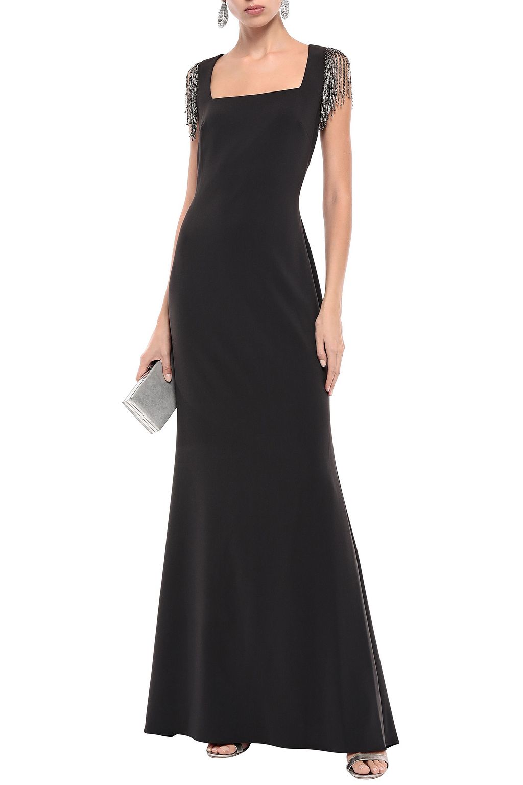 BADGLEY MISCHKA Beaded fringe-trimmed cady gown