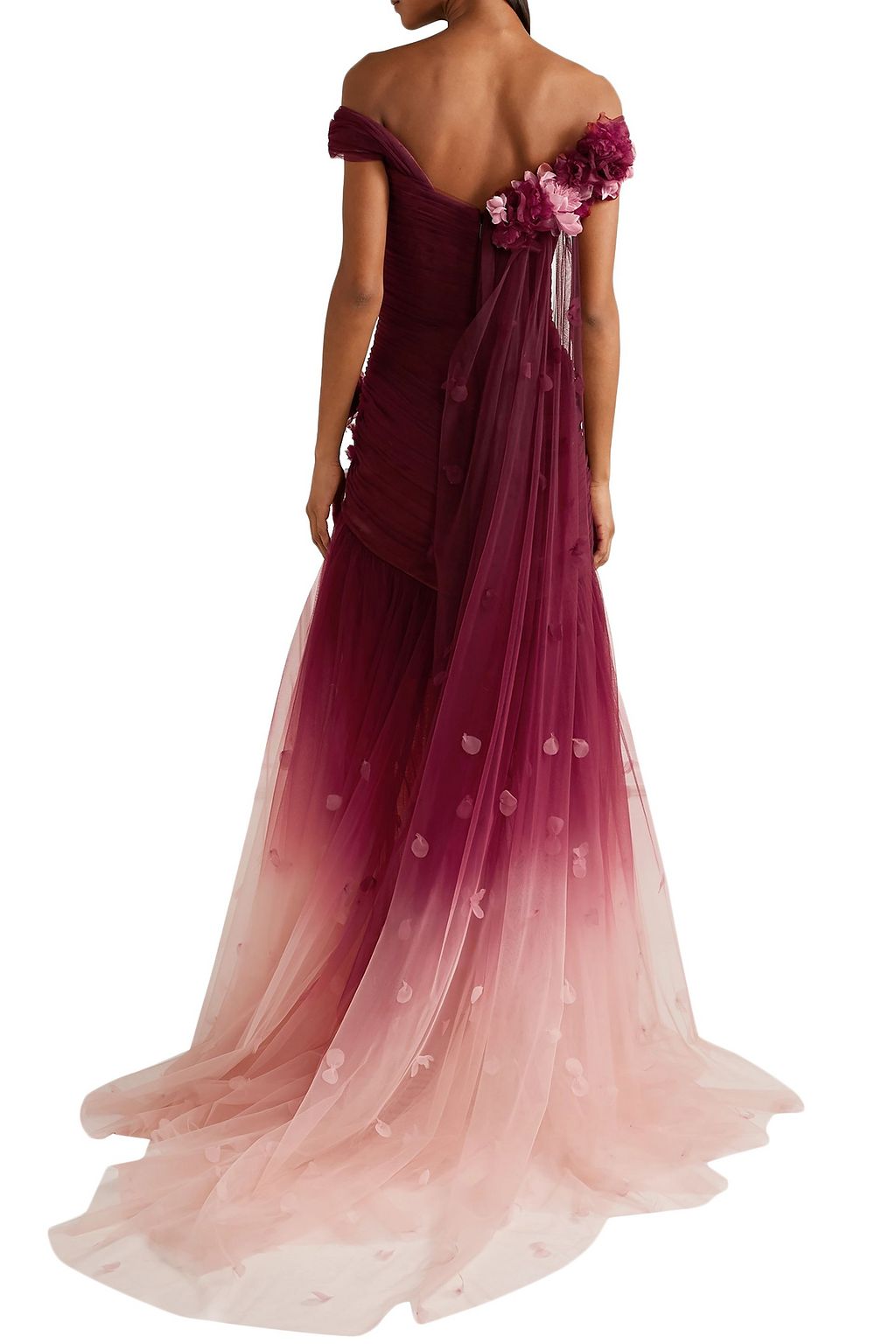 MARCHESA Off-the-shoulder appliquéd dégradé tulle gown