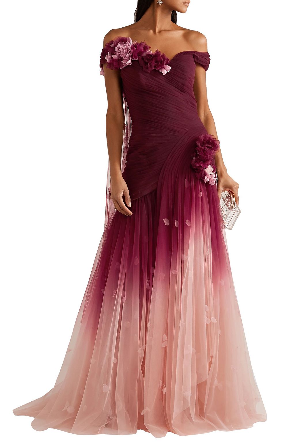 MARCHESA Off-the-shoulder appliquéd dégradé tulle gown