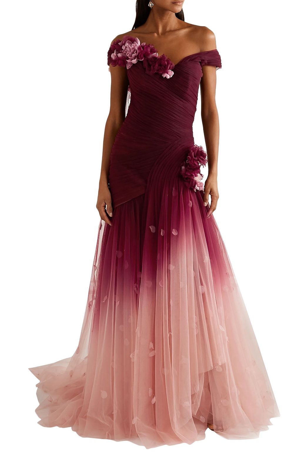 MARCHESA Off-the-shoulder appliquéd dégradé tulle gown