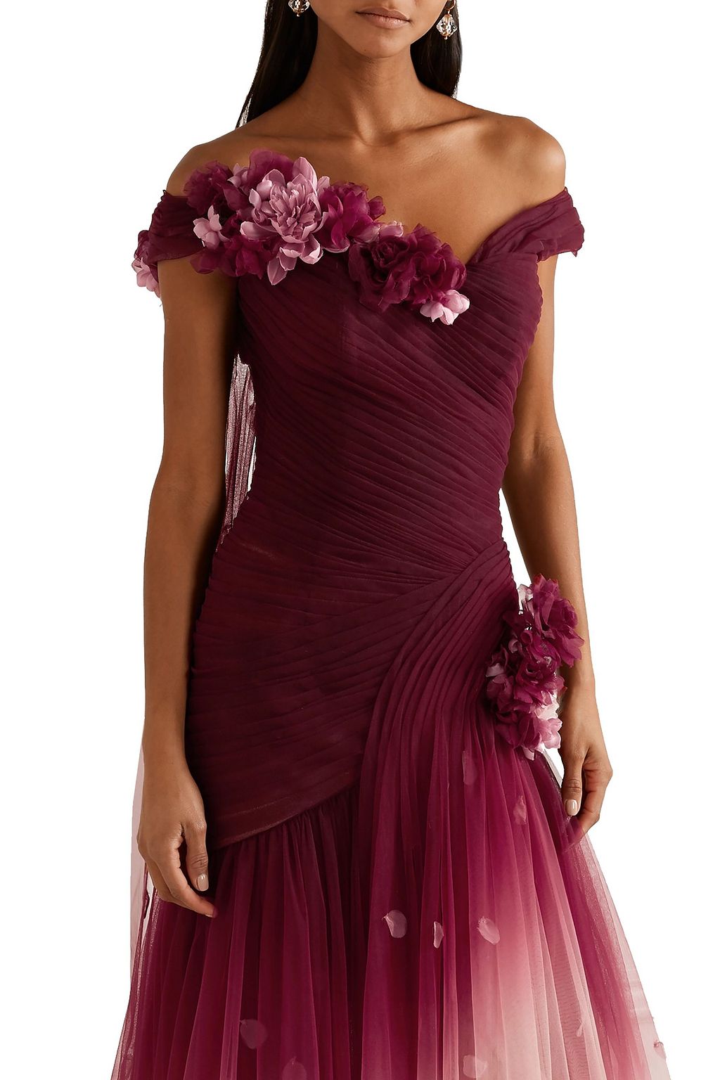 MARCHESA Off-the-shoulder appliquéd dégradé tulle gown