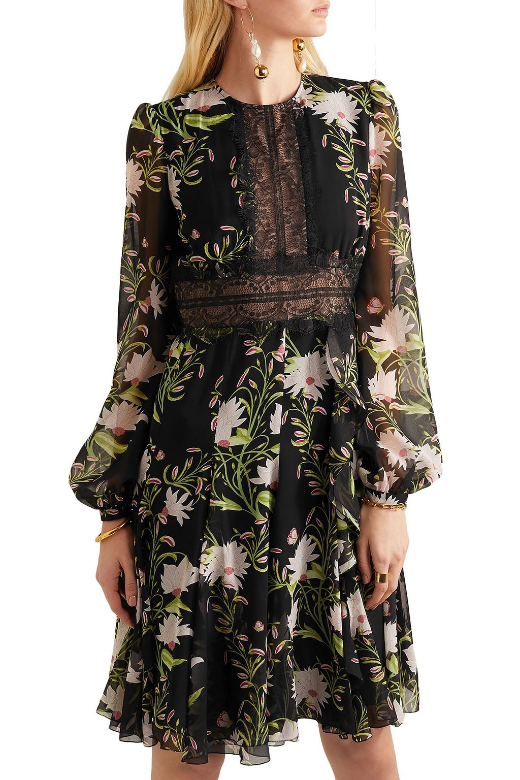 GIAMBATTISTA VALLI Lace-trimmed floral-print silk-chiffon mini dress