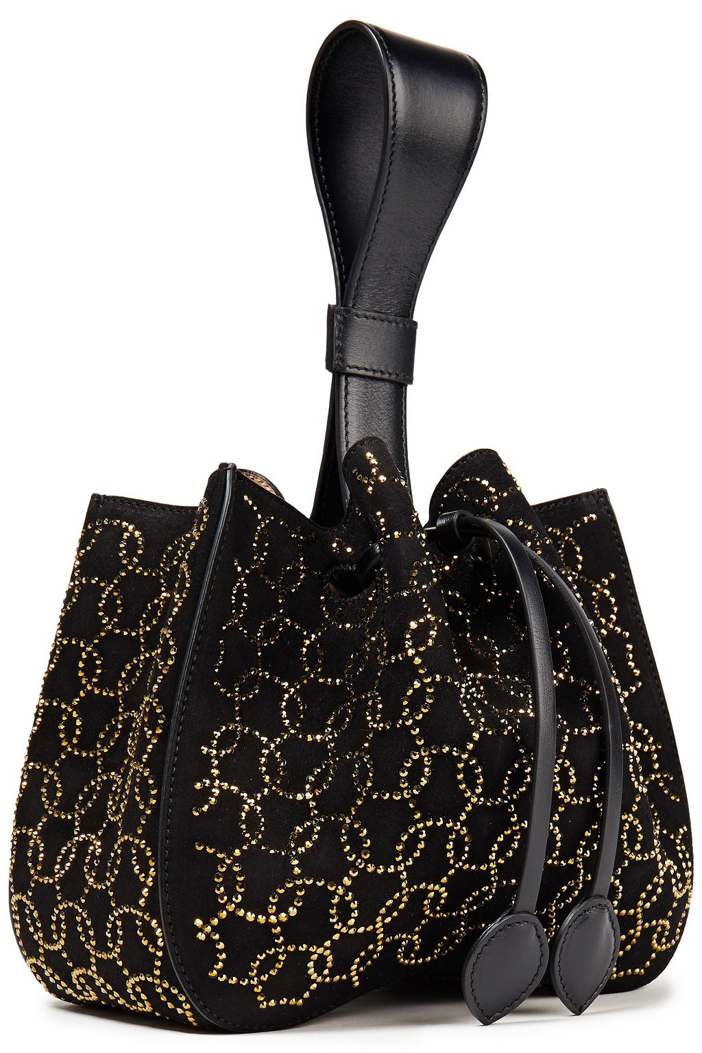 ALAÏA Rose Marie mini leather-trimmed embellished suede bucket bag