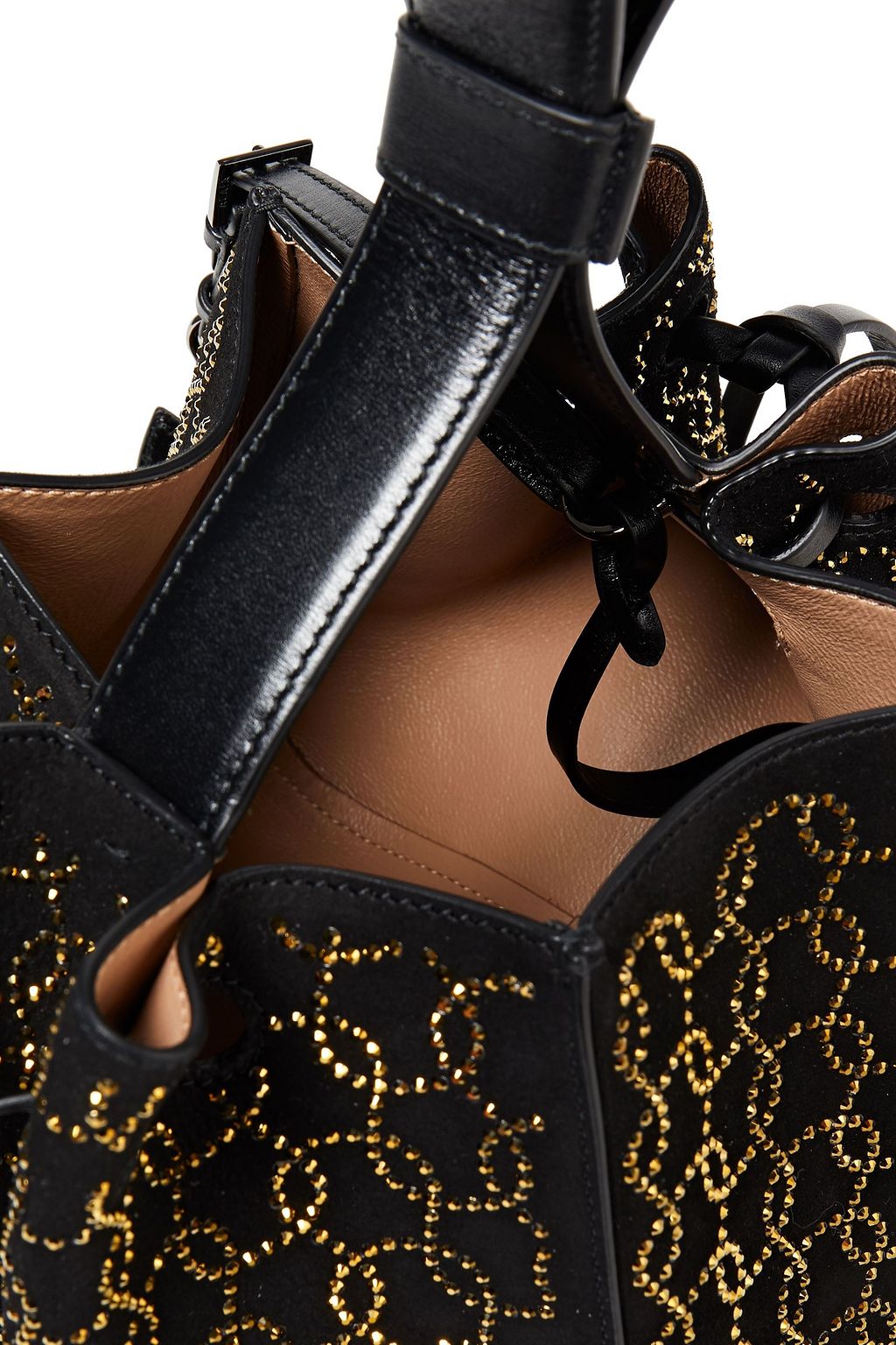 ALAÏA Rose Marie mini leather-trimmed embellished suede bucket bag