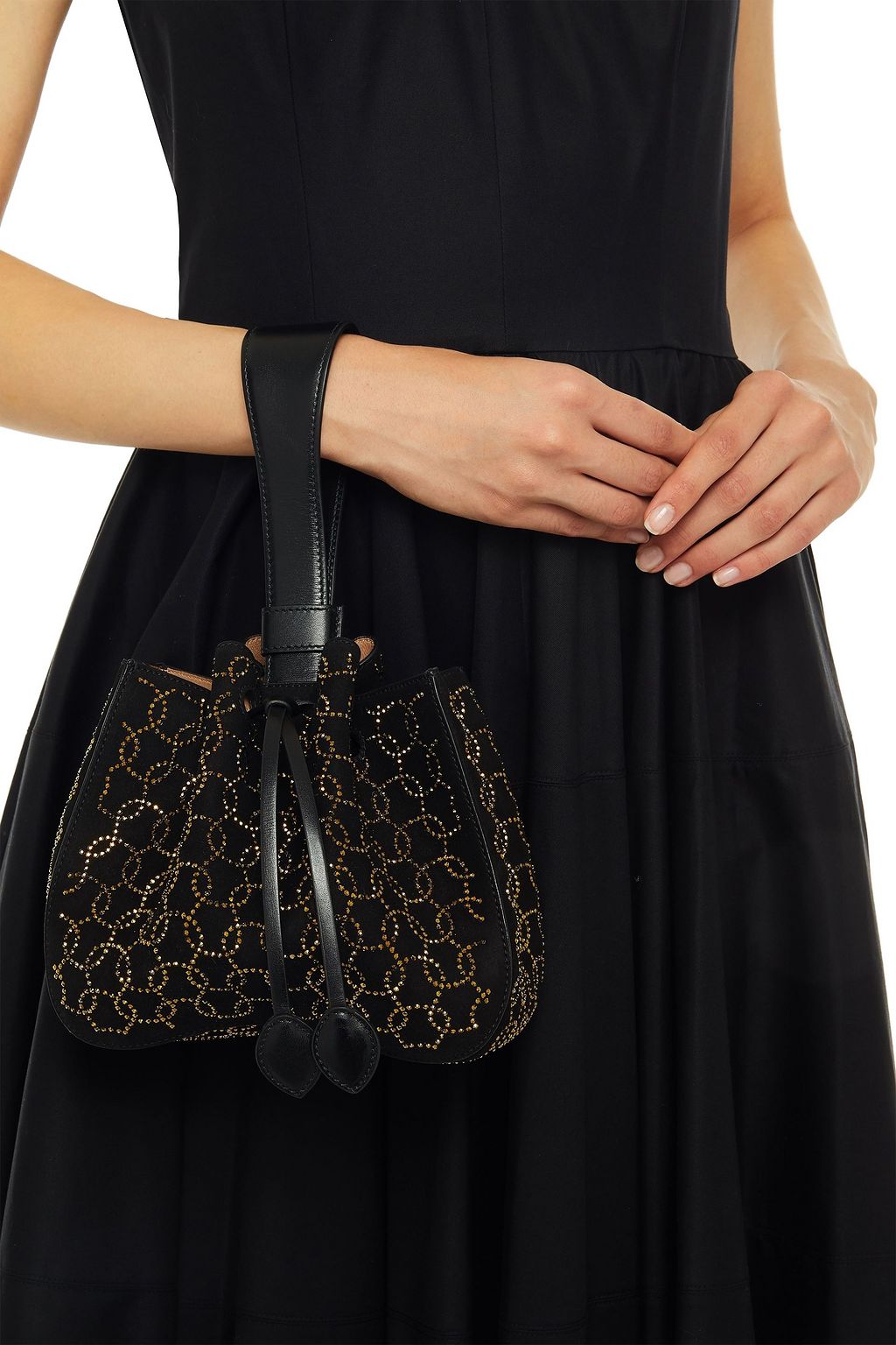 ALAÏA Rose Marie mini leather-trimmed embellished suede bucket bag