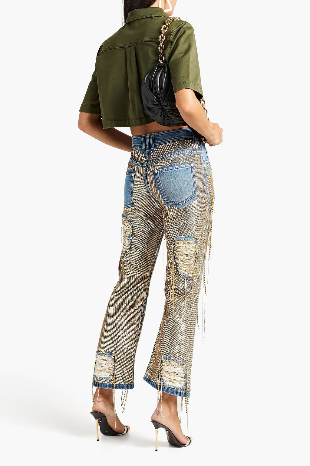 BALMAIN Embellished distressed high-rise bootcut jeans
