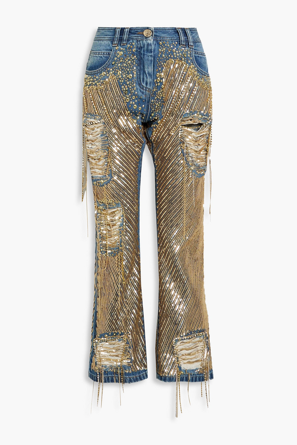 Balmain Embellished Distressed High-rise Bootcut Jeans In Mid Denim
