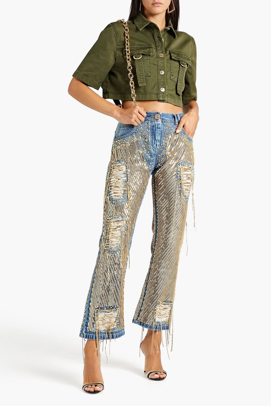 BALMAIN Embellished distressed high-rise bootcut jeans