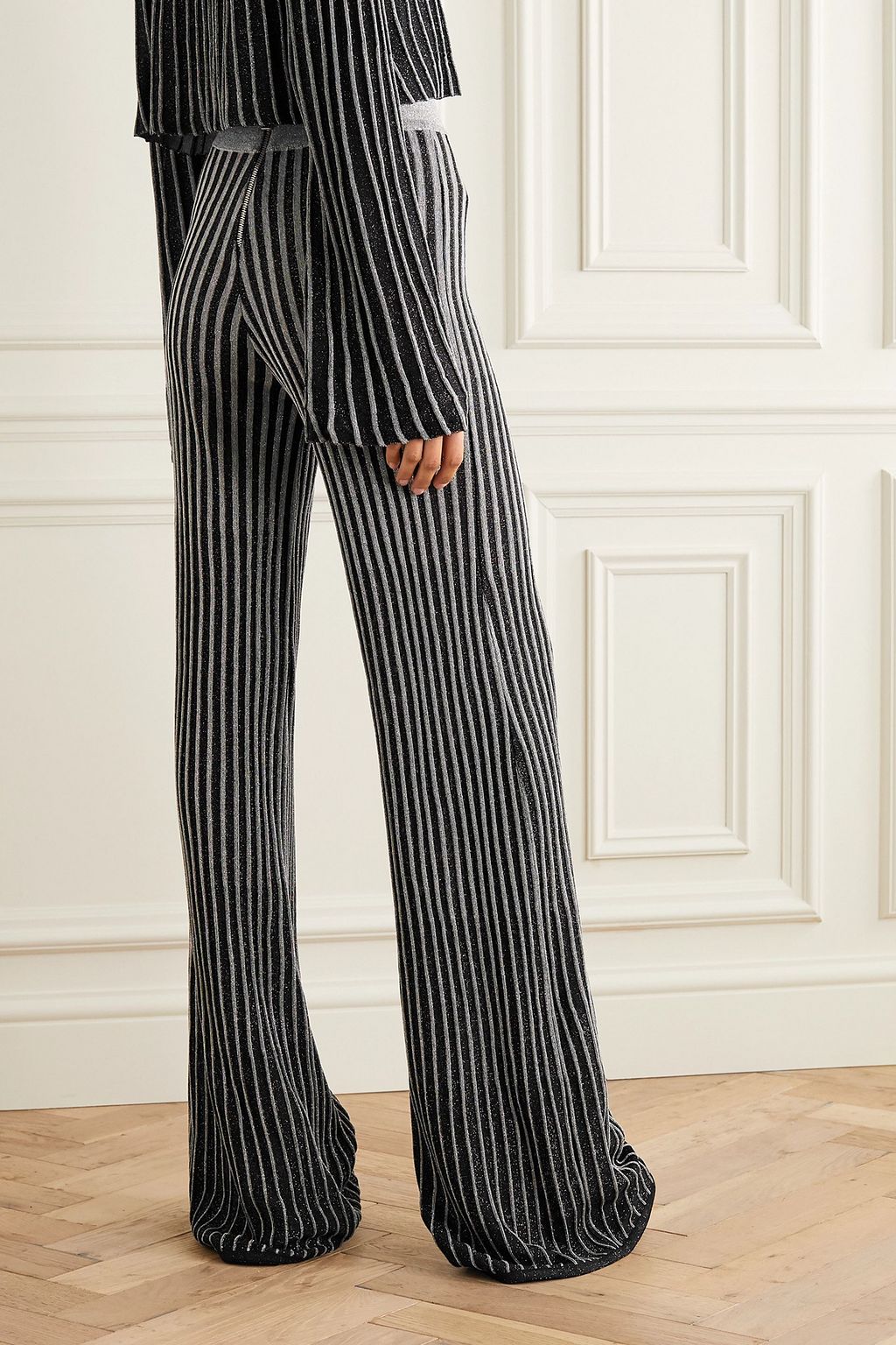 BALMAIN Metallic ribbed-knit flared pants