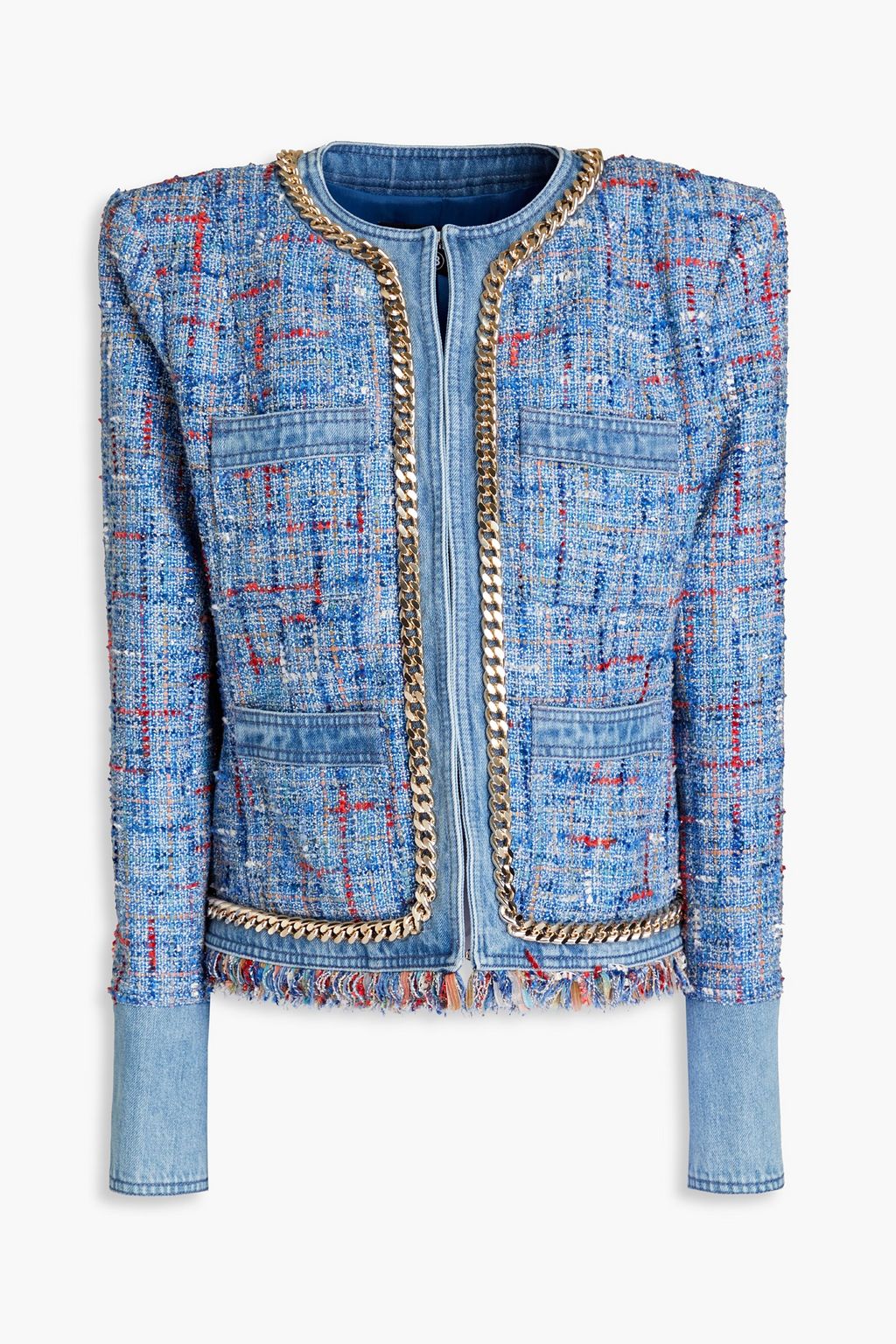 Blue Embellished tweed jacket | BALMAIN 