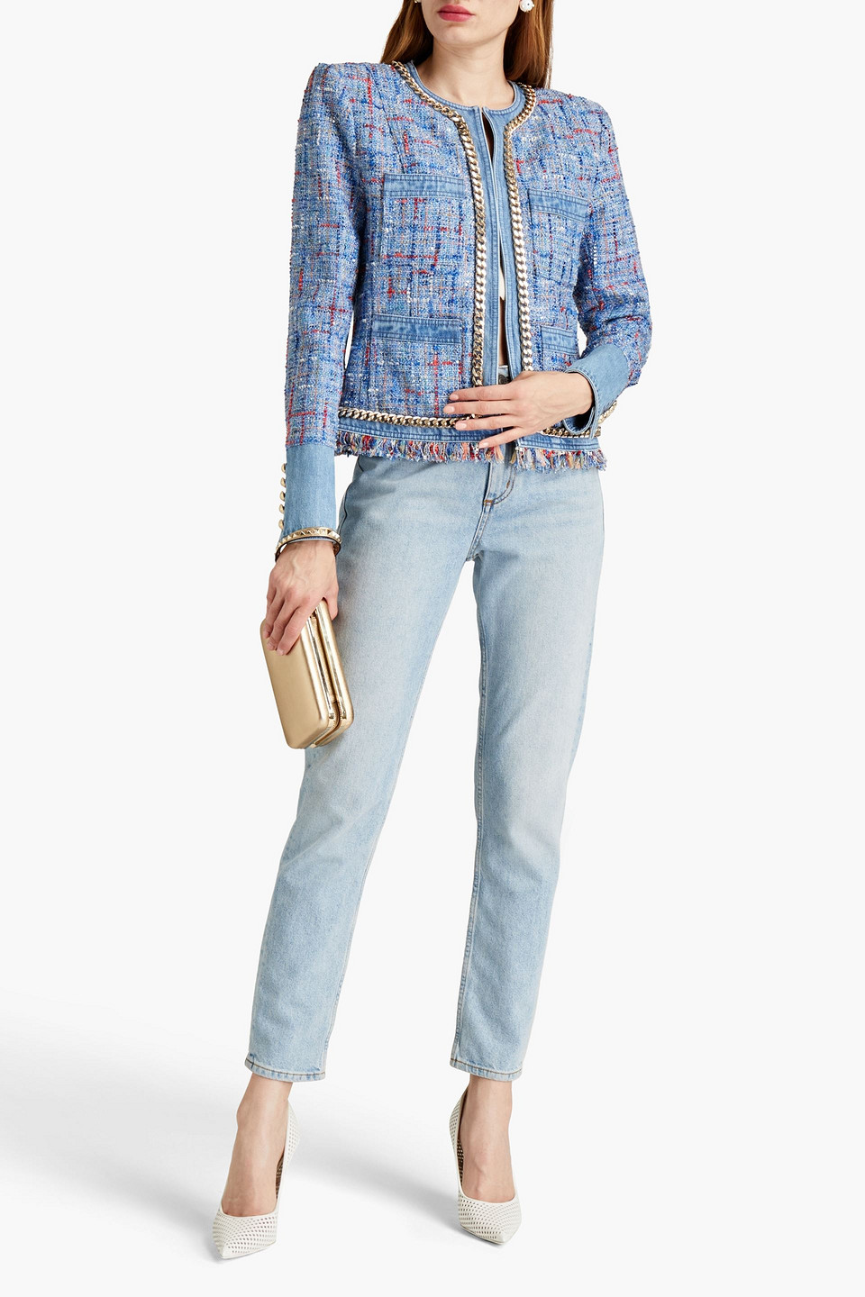 Balmain Embellished Tweed Jacket In Blue