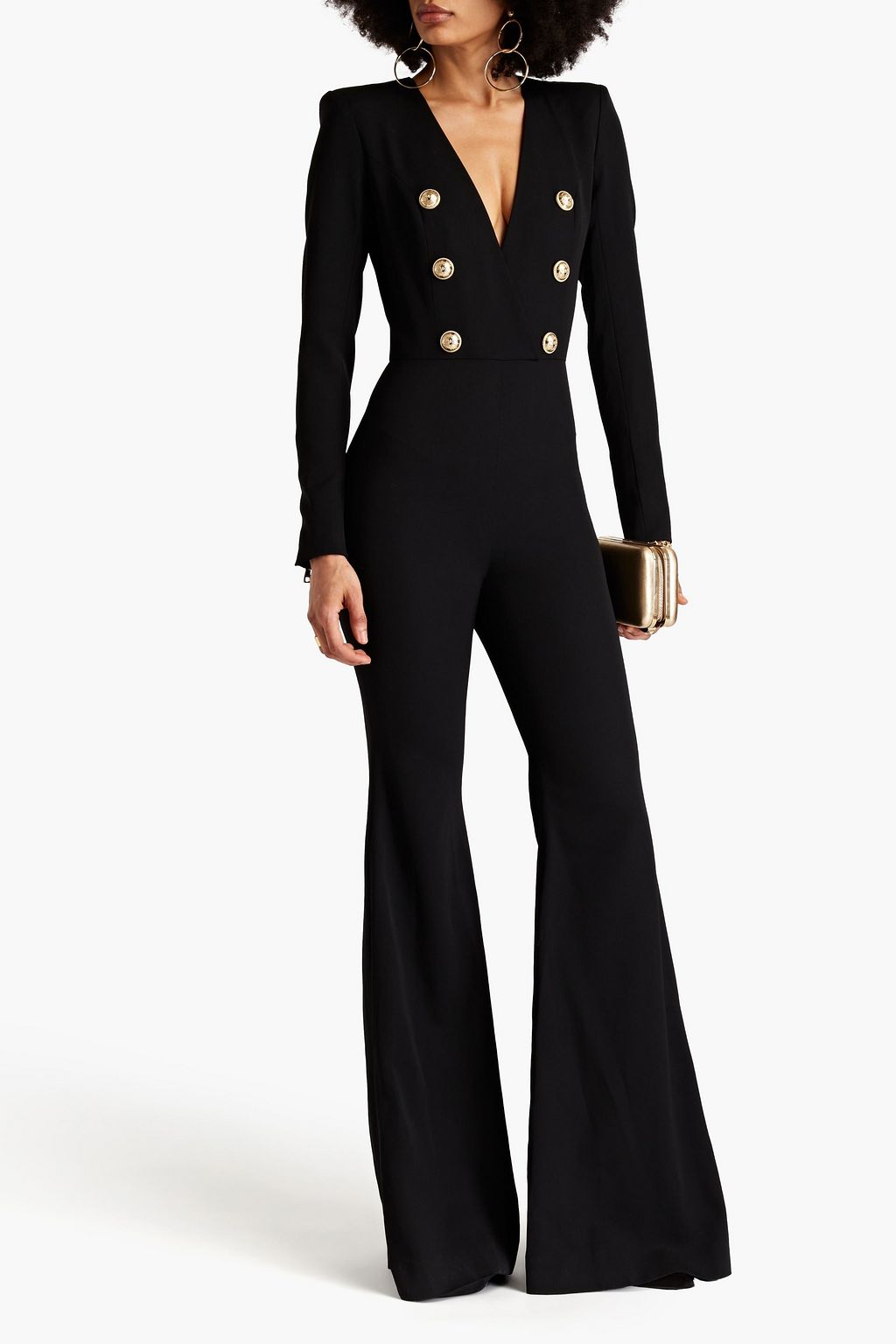BALMAIN Wrap-effect embellished wool-twill jumpsuit