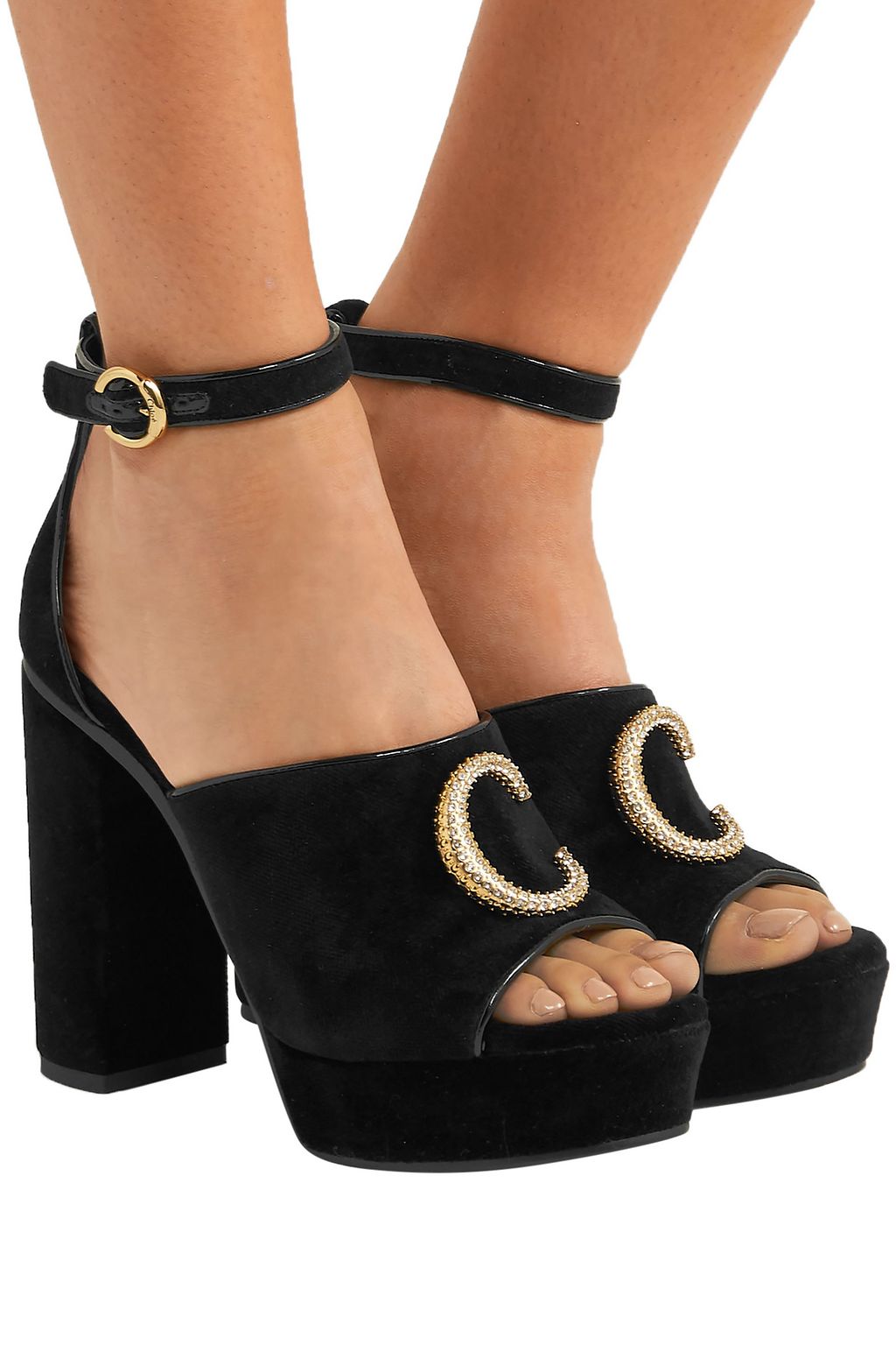 CHLOÉ Chloé C logo-embellished velvet platform sandals