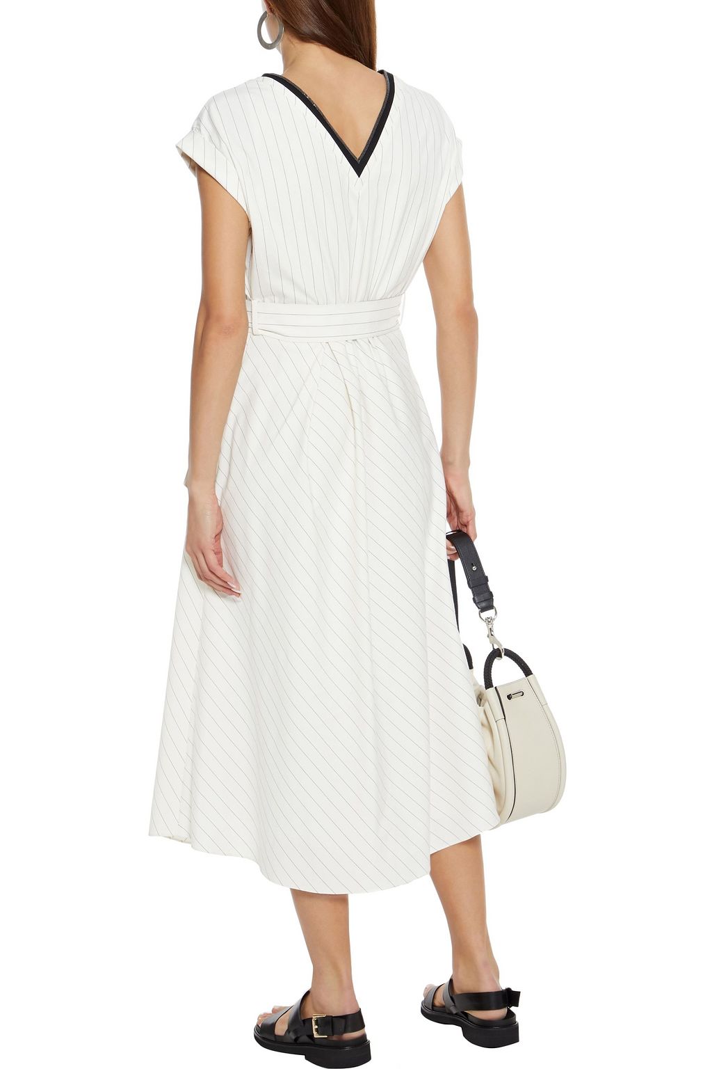 BRUNELLO CUCINELLI Belted bead-embellished pinstriped cotton-blend midi dress