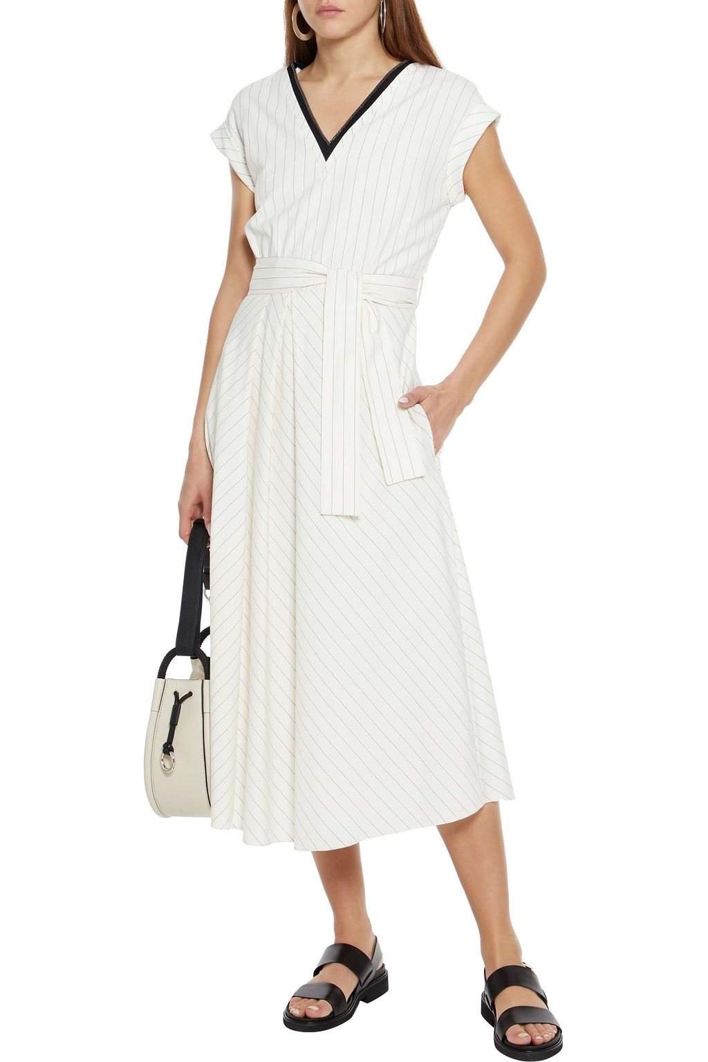 BRUNELLO CUCINELLI Belted bead-embellished pinstriped cotton-blend midi dress