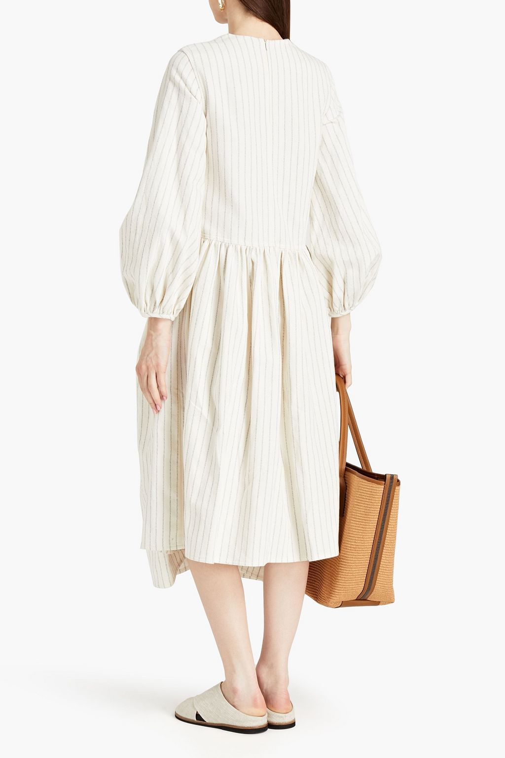 BY MALENE BIRGER فستان متوسط الطول ’إيثوليا’ من الغبردين بتصميم مخطط وملموم ومنسدل
