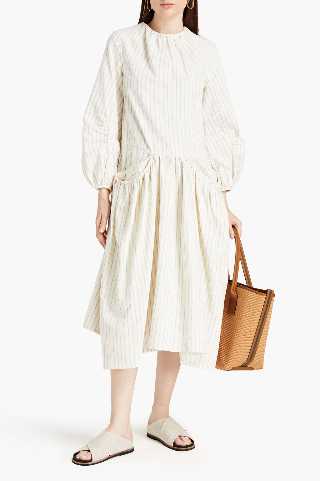 BY MALENE BIRGER فستان متوسط الطول ’إيثوليا’ من الغبردين بتصميم مخطط وملموم ومنسدل