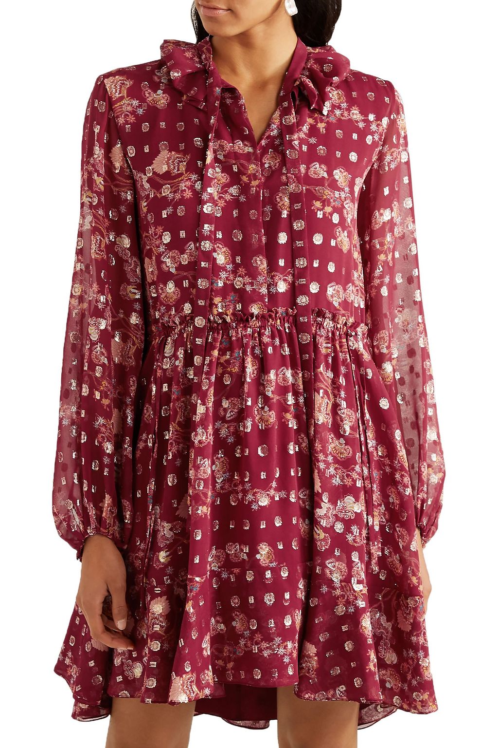 CHLOÉ Tie-neck floral-print fil coupé silk-chiffon mini dress