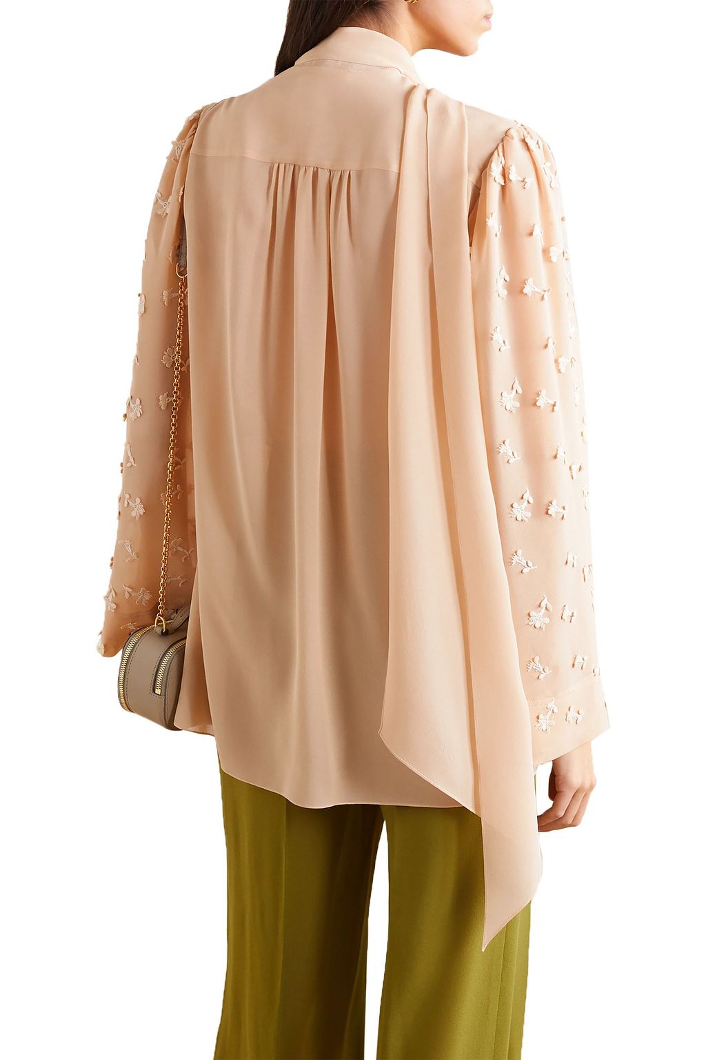 CHLOÉ Tie-neck appliquéd silk-georgette blouse
