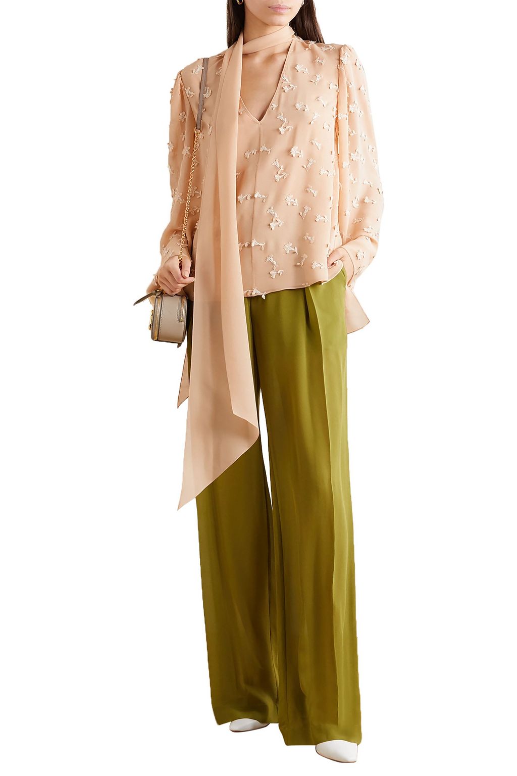 CHLOÉ Tie-neck appliquéd silk-georgette blouse