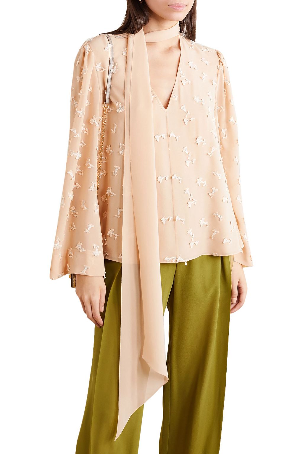 CHLOÉ Tie-neck appliquéd silk-georgette blouse