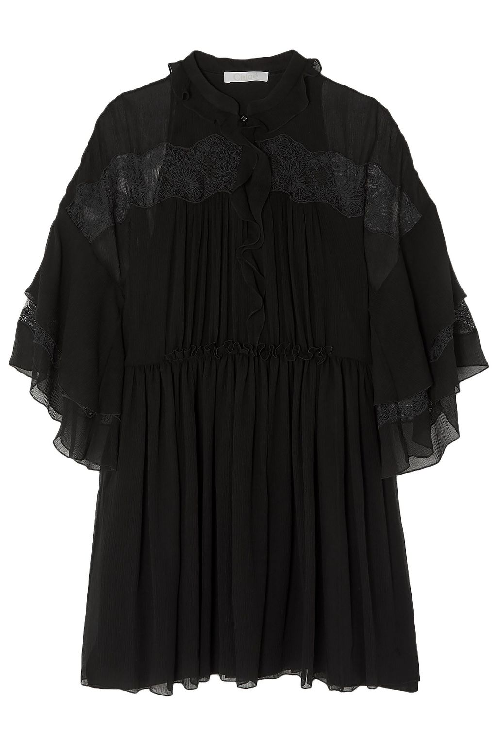 CHLOÉ Lace-paneled ruffled plissé-silk georgette mini dress | Sale up ...